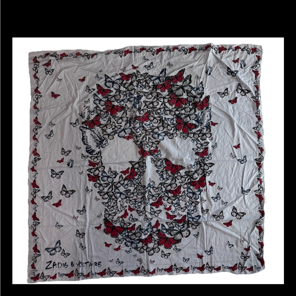 Zadig & Voltaire Gray Scarf with Black and Red Butterfly Skull Design 38x40